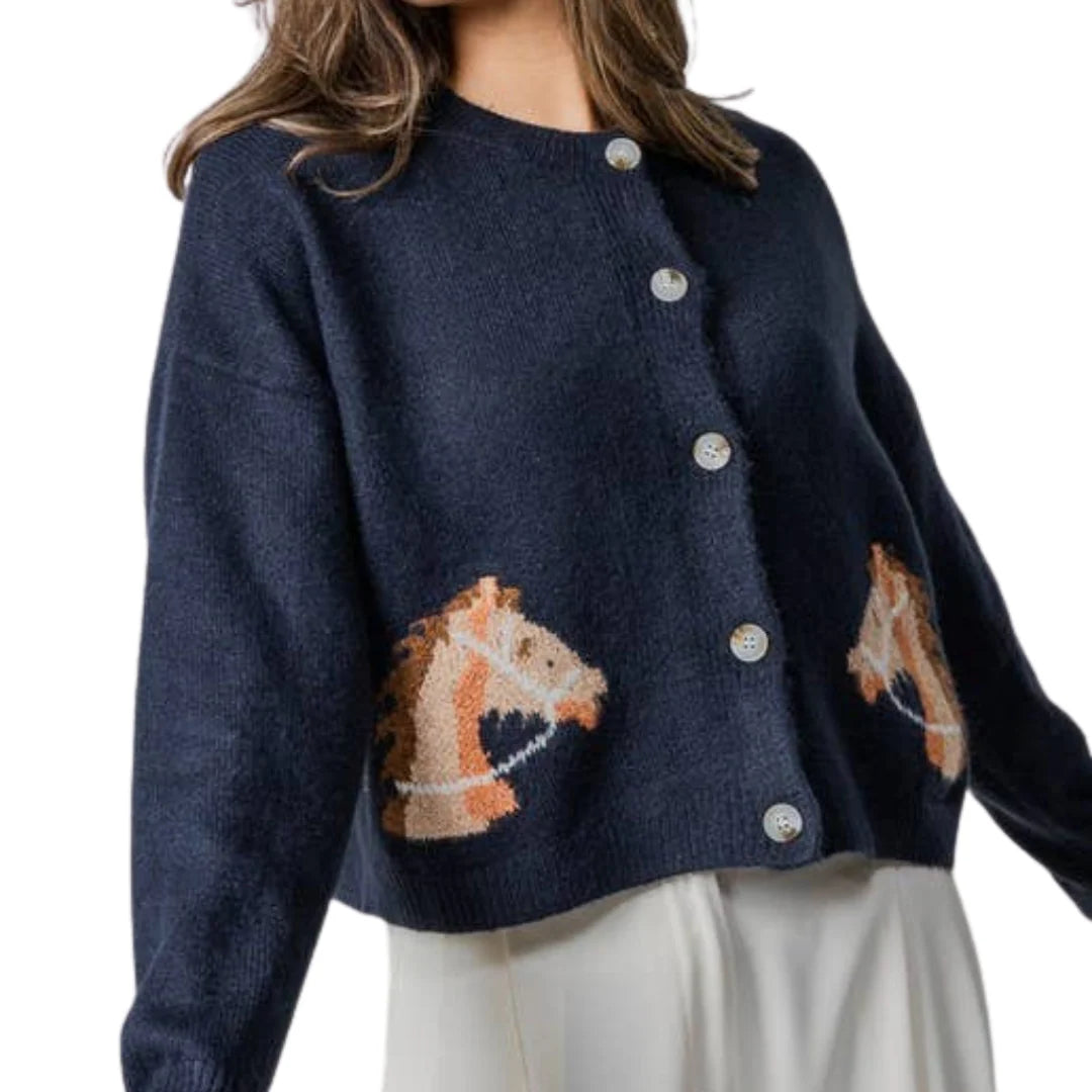 Urban Daisy Crewneck Button Horse Sweater