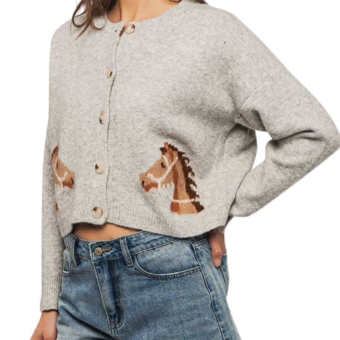 Urban Daisy Crewneck Button Horse Sweater