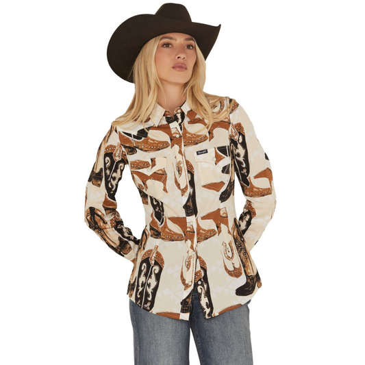 Wrangler Retro Boot Print Long Sleeve Snap Shirt