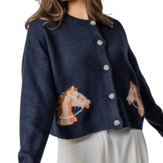 Urban Daisy Crewneck Button Horse Sweater